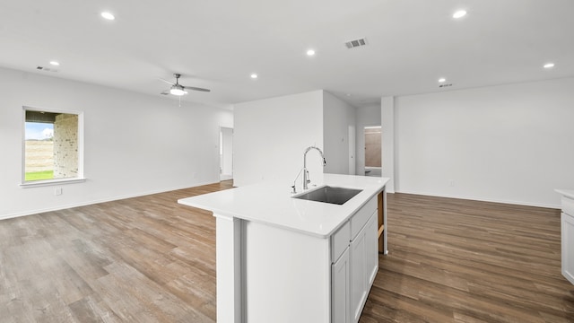 kitchen featuring an island with sink, ceiling fan, light hardwood / wood-style floors, and sink