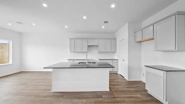 kitchen featuring gray cabinets, sink, wood-type flooring, and a kitchen island with sink