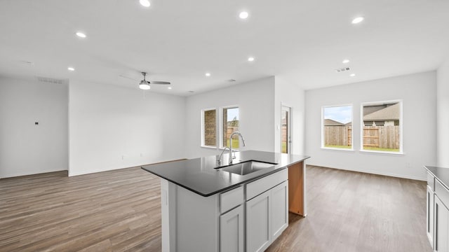 kitchen with light wood-type flooring, ceiling fan, sink, a center island with sink, and plenty of natural light