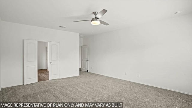 unfurnished bedroom with ceiling fan and carpet floors