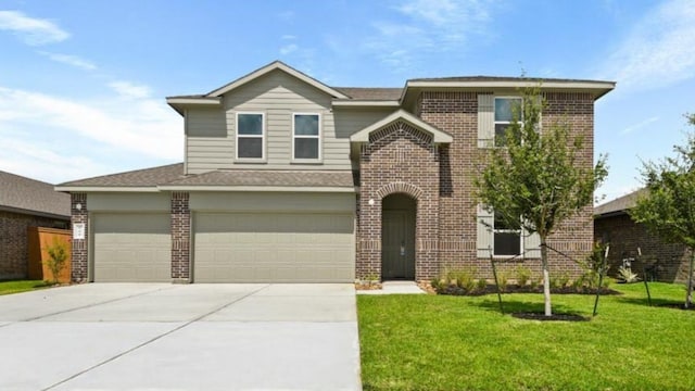 view of front of property featuring a front lawn and a garage