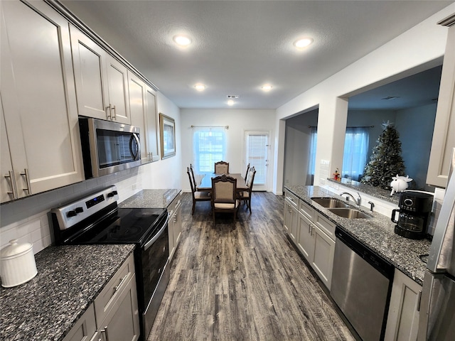 kitchen with dark hardwood / wood-style floors, stainless steel appliances, dark stone countertops, sink, and decorative backsplash