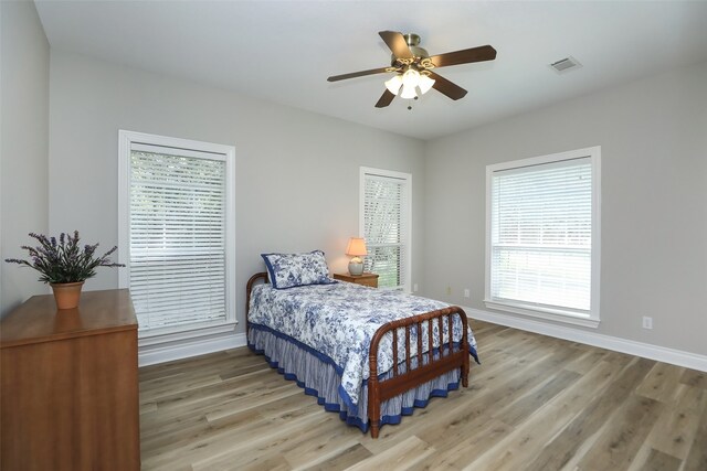 bedroom with ceiling fan and light wood-type flooring