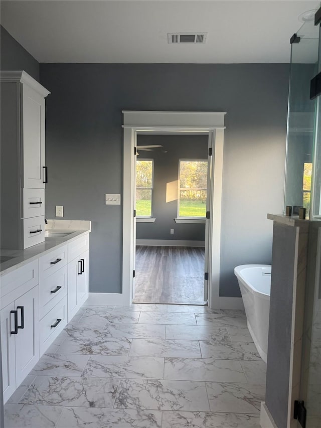 bathroom with vanity and a washtub