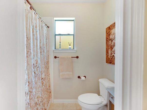 bathroom featuring vanity, a shower with shower curtain, tile patterned floors, and toilet