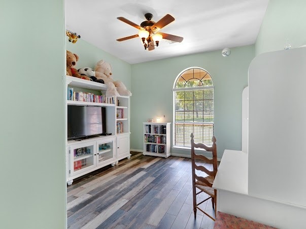 office featuring ceiling fan and dark hardwood / wood-style floors