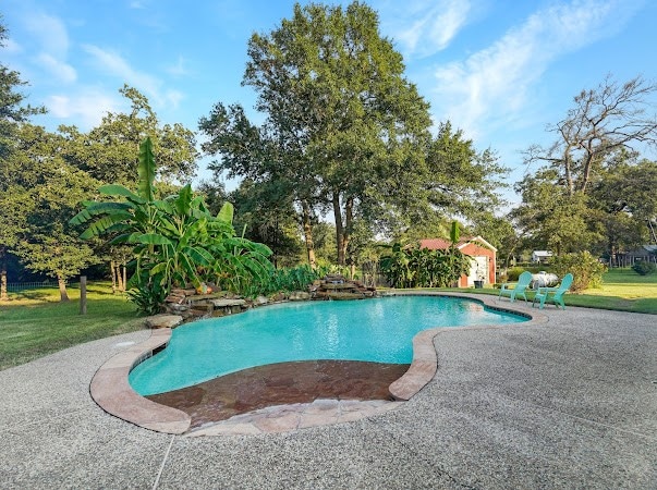 view of pool with a patio area and a yard