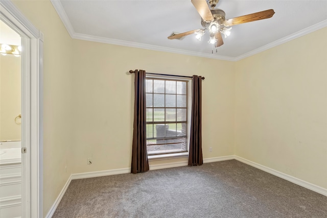 carpeted empty room featuring crown molding and ceiling fan