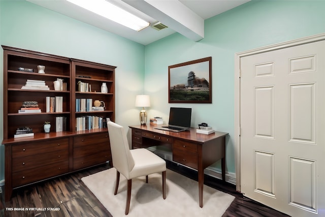 office area featuring beam ceiling and dark hardwood / wood-style flooring