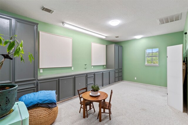 sitting room featuring a textured ceiling and light carpet