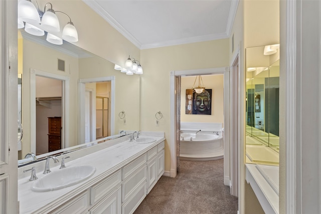 bathroom featuring dual vanity, a bathtub, and crown molding