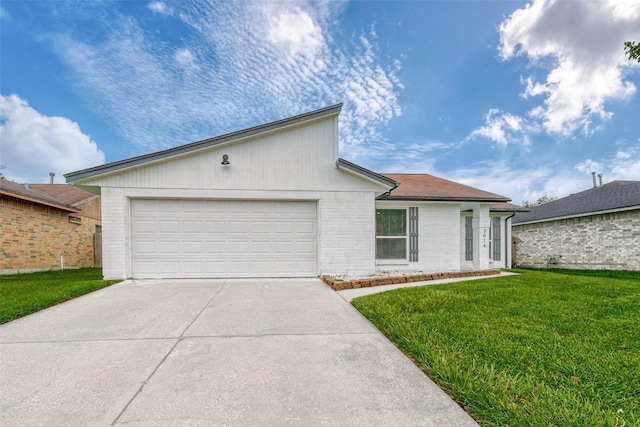 ranch-style home featuring a garage and a front lawn