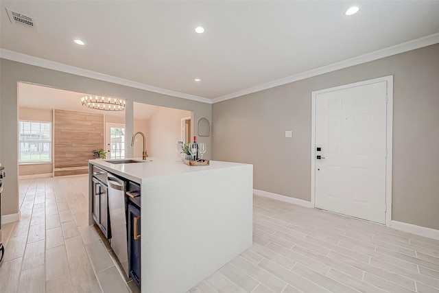 kitchen with sink, dishwasher, a center island with sink, and ornamental molding