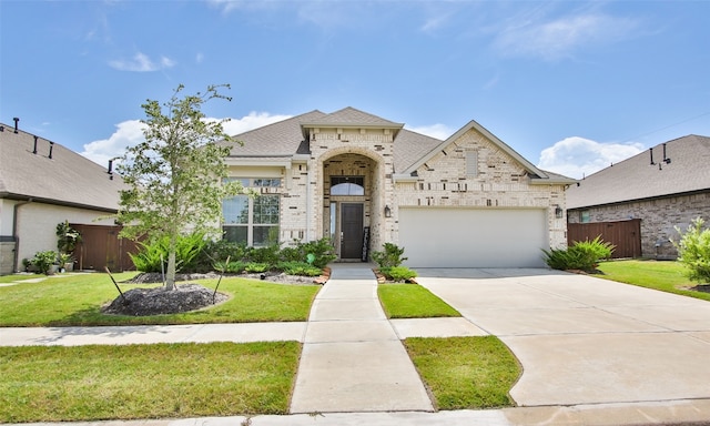 view of front of house with a garage and a front lawn