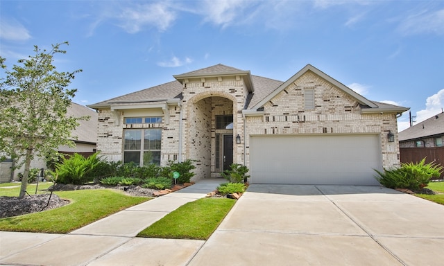 view of front of home featuring a garage and a front lawn