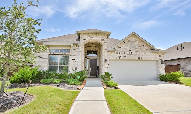 view of front of house with a garage and a front lawn