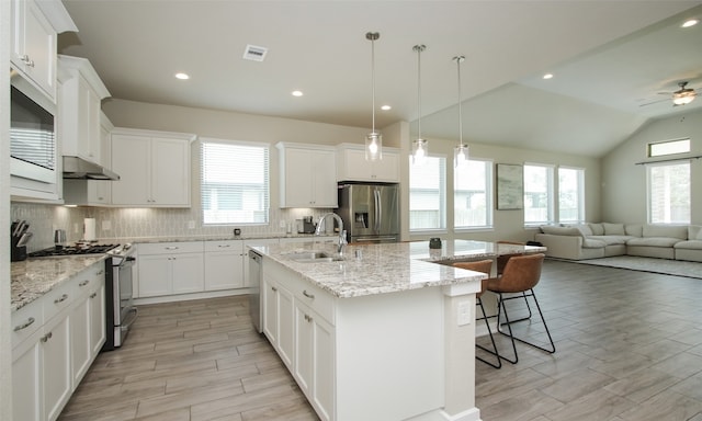 kitchen with plenty of natural light, ceiling fan, stainless steel appliances, tasteful backsplash, and sink