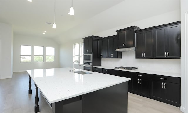 kitchen featuring decorative light fixtures, a center island with sink, appliances with stainless steel finishes, and sink