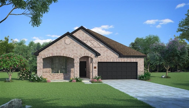 view of front of property featuring a garage and a front yard