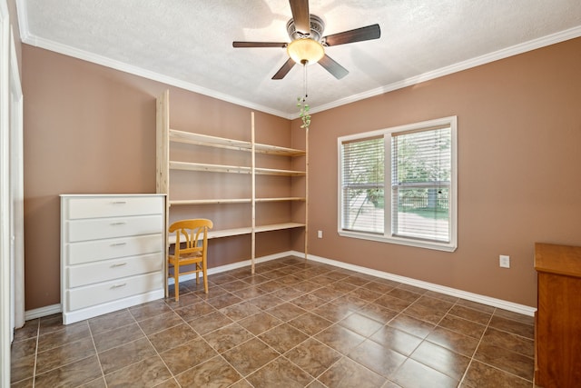 interior space featuring ceiling fan, ornamental molding, and a textured ceiling