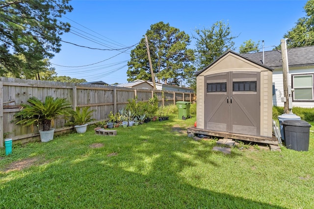 view of yard with a storage shed, an outdoor structure, and a fenced backyard