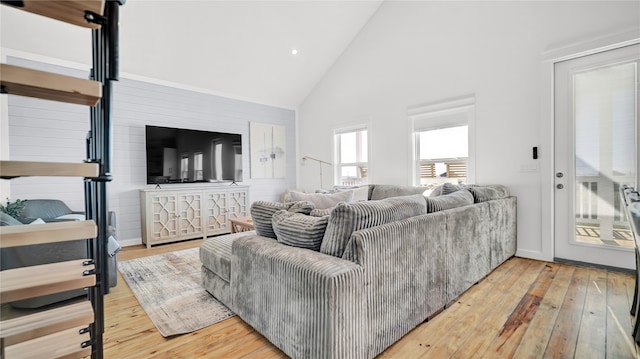 living room with light hardwood / wood-style flooring and high vaulted ceiling