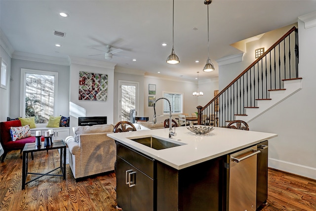 kitchen featuring sink, dark wood-type flooring, plenty of natural light, and a center island with sink