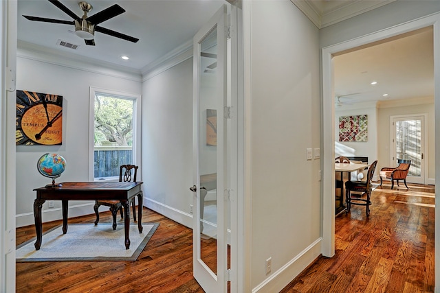 office area with ceiling fan, dark hardwood / wood-style floors, and crown molding