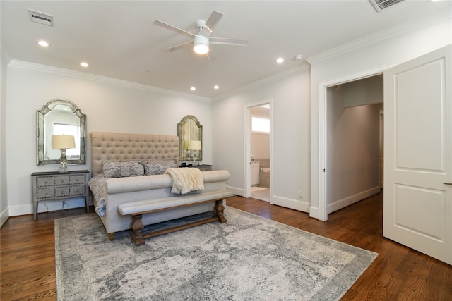 bedroom with connected bathroom, dark hardwood / wood-style floors, ornamental molding, and ceiling fan