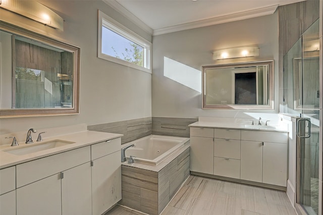 bathroom with ornamental molding, tile patterned floors, vanity, and independent shower and bath