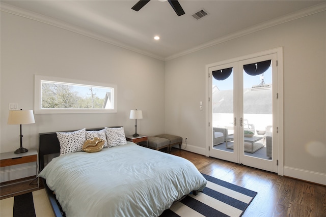 bedroom with french doors, access to outside, ornamental molding, hardwood / wood-style flooring, and ceiling fan