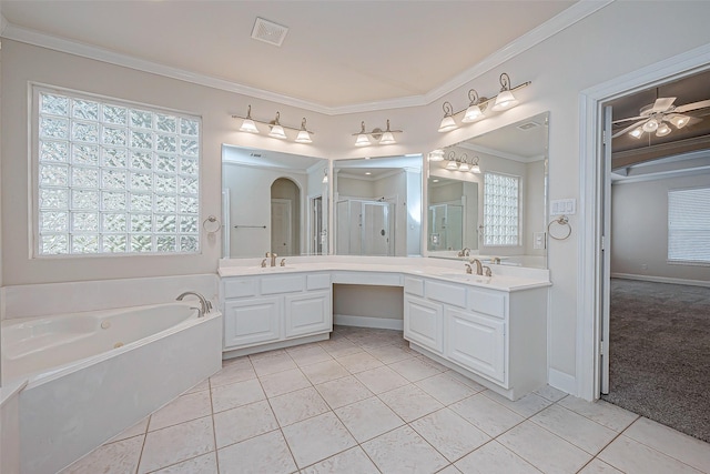 bathroom featuring vanity, tile patterned flooring, plenty of natural light, and shower with separate bathtub