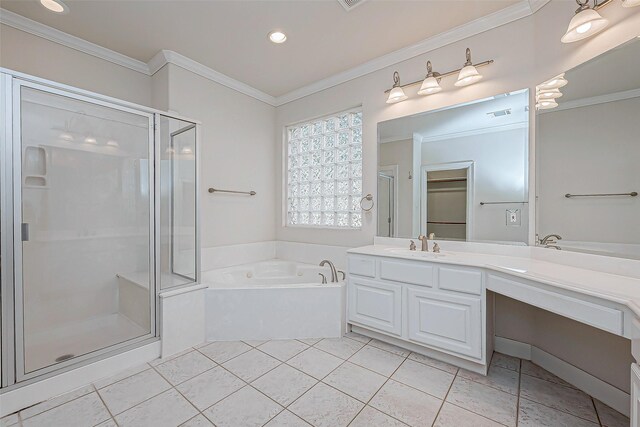 bathroom featuring vanity, tile patterned floors, crown molding, and shower with separate bathtub