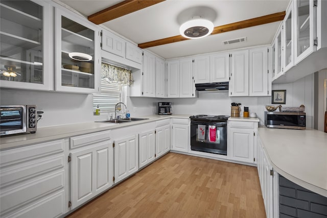 kitchen featuring beamed ceiling, black range with electric cooktop, sink, and exhaust hood