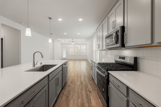 kitchen featuring gray cabinets, appliances with stainless steel finishes, wood-type flooring, and sink