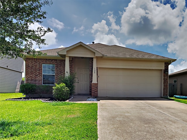 single story home featuring driveway, brick siding, a front lawn, and an attached garage