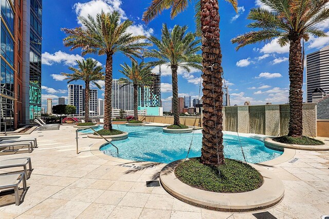 view of swimming pool with a patio