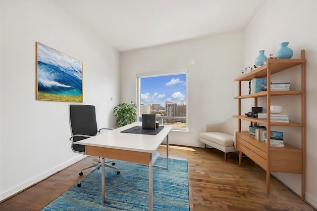 office featuring a city view, baseboards, and wood finished floors