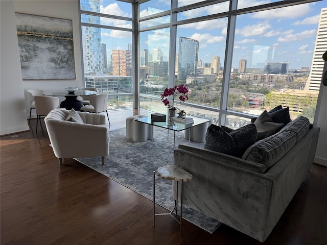 living area featuring floor to ceiling windows, a city view, baseboards, and wood finished floors