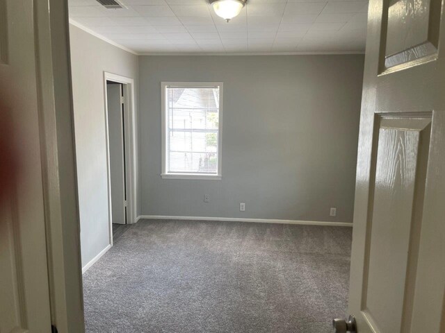 empty room featuring carpet floors and ornamental molding