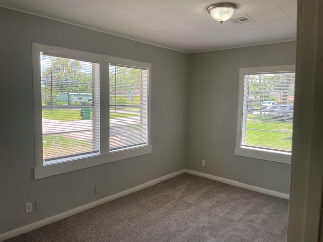 empty room featuring crown molding, carpet floors, and a wealth of natural light