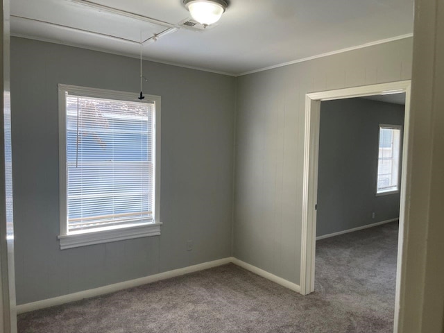 carpeted spare room with crown molding