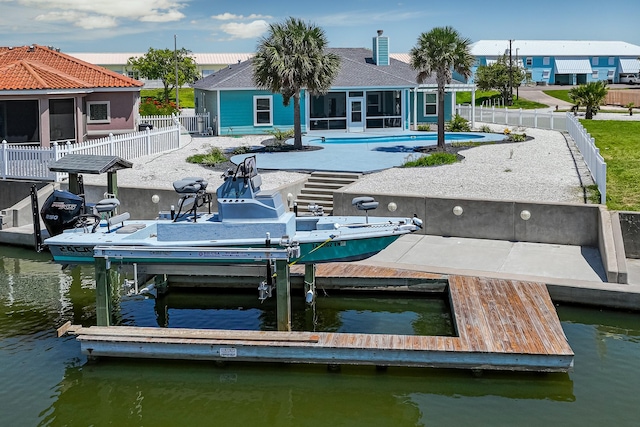 view of dock featuring a fenced in pool, boat lift, a water view, a patio area, and a fenced backyard