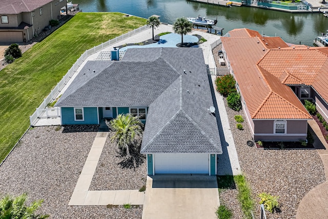 aerial view featuring a water view