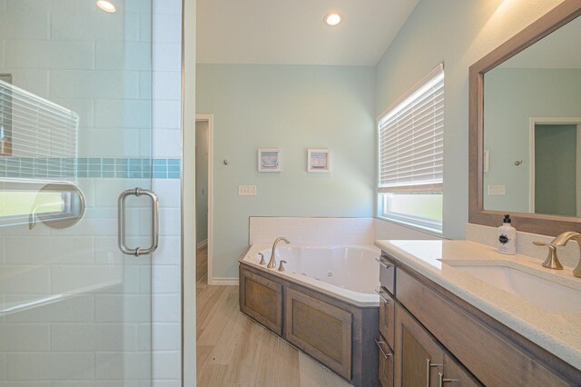 bathroom featuring shower with separate bathtub, vanity, and wood-type flooring