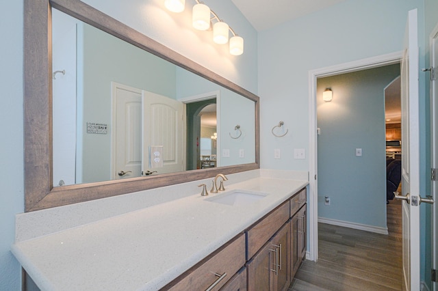 bathroom with baseboards, a spacious closet, vanity, and wood finished floors