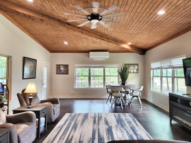 living room with vaulted ceiling with beams, wood ceiling, dark wood finished floors, and a wall mounted air conditioner