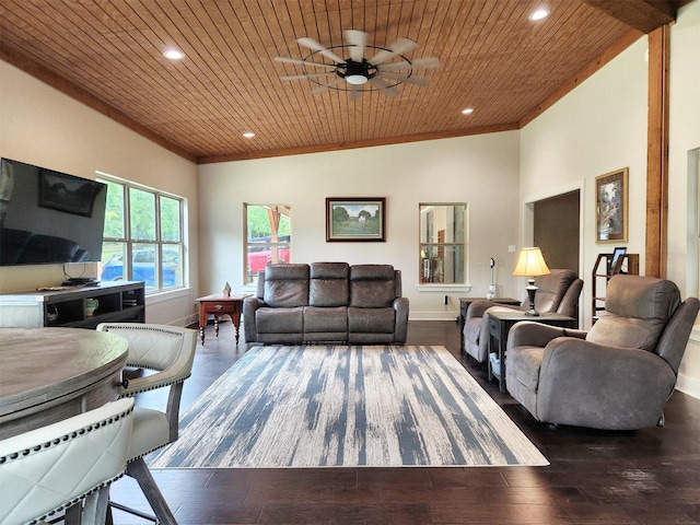 living area with baseboards, wood ceiling, wood finished floors, vaulted ceiling, and recessed lighting