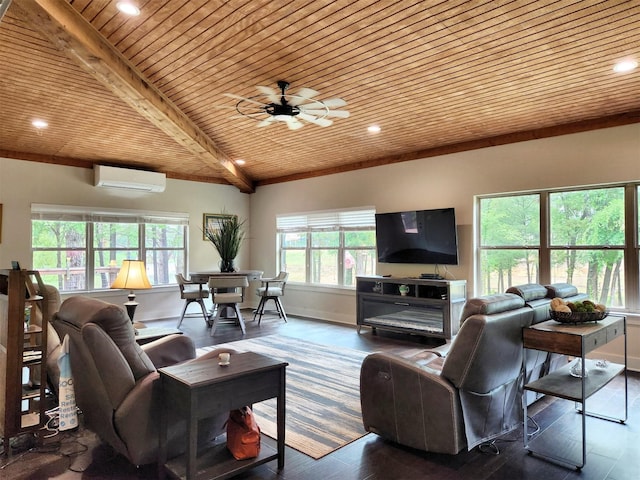 living area featuring wooden ceiling, wood finished floors, baseboards, beam ceiling, and a wall mounted air conditioner