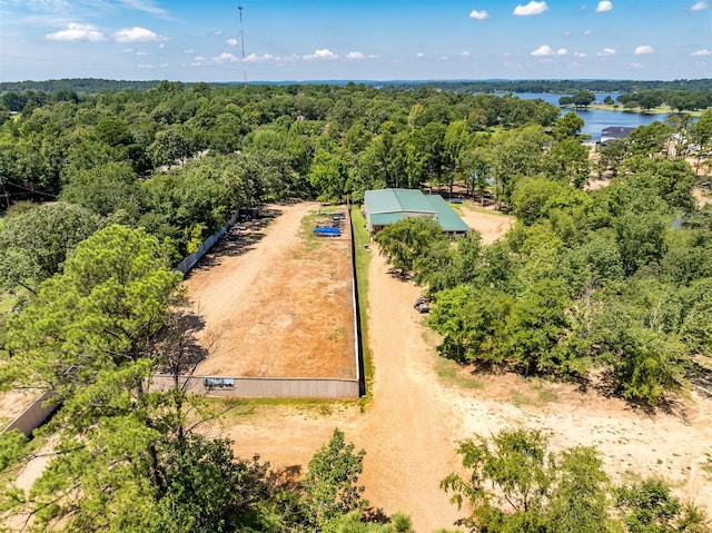 birds eye view of property with a water view and a wooded view